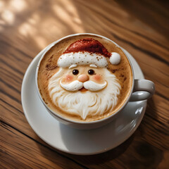 An latte where the latte art is an Santa's face.