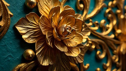 Ornate golden flower and scrollwork on teal background luxury design element