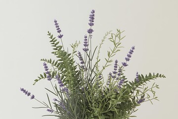 Naklejka premium A close-up of a bouquet of green foliage and purple lavender flowers against a plain background image