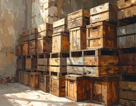 Stacked wooden crates in a weathered warehouse setting, aged and textured