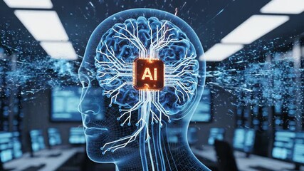 AI brain circuit with glowing chip and energy sparks in futuristic server room - Powered by Adobe