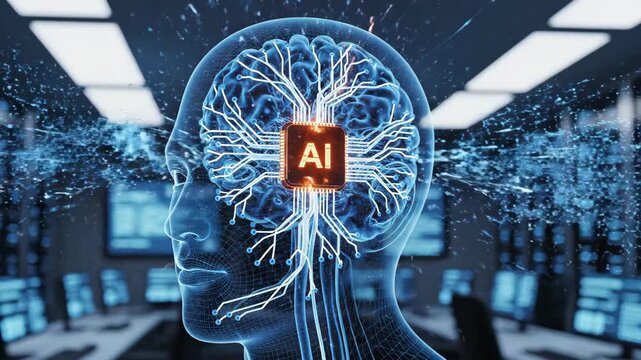 AI brain circuit with glowing chip and energy sparks in futuristic server room
