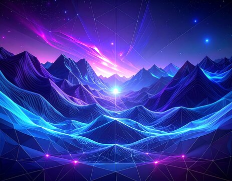 Digital landscape with geometric mountains and glowing light