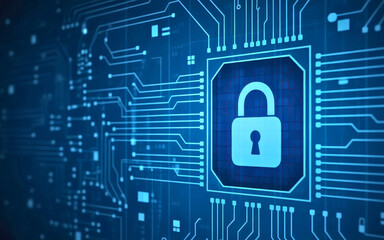 A blue digital background with a padlock in the center of the image