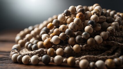 Pile of Wooden Prayer Beads on Rope Meditation and Spirituality Focus