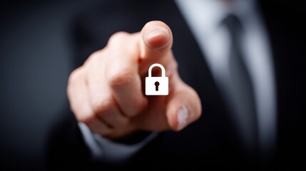 A man in a suit pointing to a padlock icon on a virtual screen.