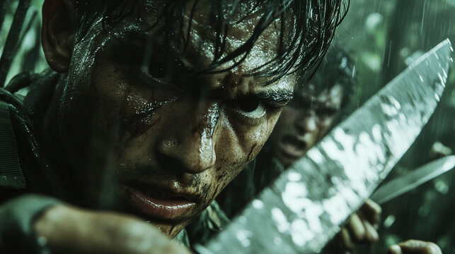 An intense close-up of two soldiers fighting in a dense jungle, using knives and rifles, with sweat on their faces and the tension of life-and-death combat reflected in their eyes