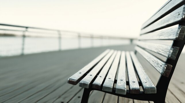 A wooden bench on a wooden deck with a railing, overlooking a body of water. - Powered by Adobe