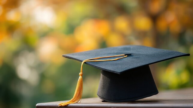 A graduation cap with a tassel on a wooden surface, set against a blurred background of autumn leaves.