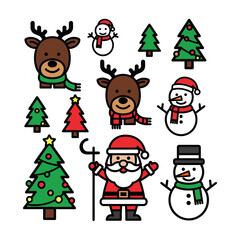 Santa Claus and reindeer with Christmas tree and holiday elements vector illustration