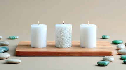 Three lit white pillar candles, one with a leaf pattern, are arranged on a wooden tray with smooth stones and pebbles scattered around.