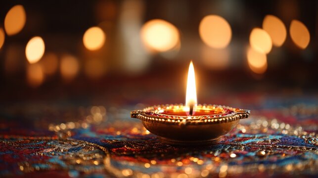 A lit Diya (oil lamp) on a colorful, patterned cloth with a blurred background of other lit Diyas.