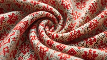 Red and White Floral Fabric Swirls Detailed Textile Close Up View