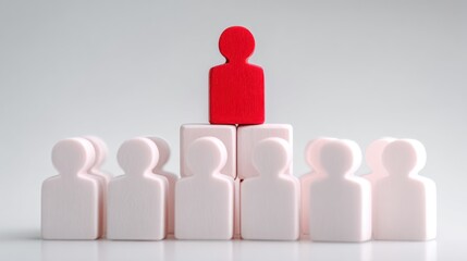 A red human figure standing on a white block structure with a group of white human figures surrounding it.
