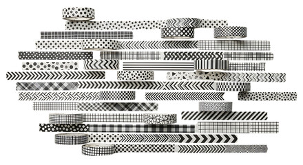Obraz premium Collection of black and white decorative washi tapes with various patterns and textures