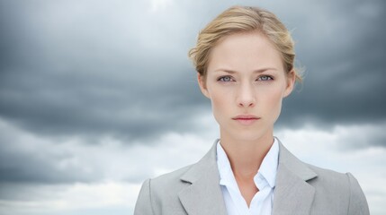 A businesswoman with a serious expression, standing against a cloudy sky.