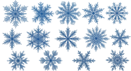 Intricate blue snowflakes displayed in a grid against a stark black background