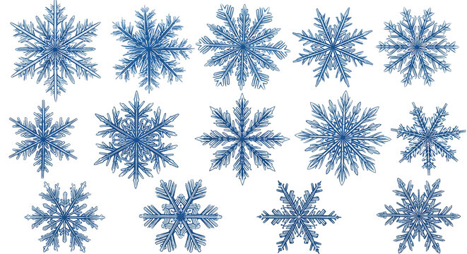 Intricate blue snowflakes displayed in a grid against a stark black background