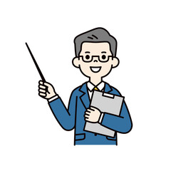 ポインターを持って説明するスーツを着た中年男性の上半身ベクターイラスト素材＿カラー