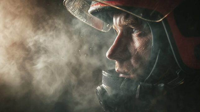 A man wearing a red helmet and a mask is standing in front of a cloud of smoke