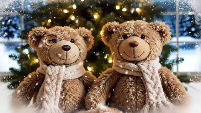 two knitted scarf clad plush bears sitting close beside a glowing christmas tree as soft snow drifts outside for a tender zoom in