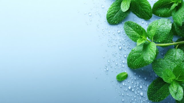 Fresh mint leaves with water droplets on a light blue background.