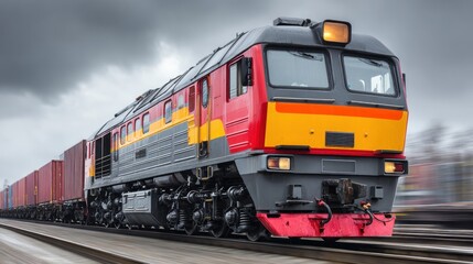 Obraz premium A red and yellow train engine with a black and grey body, traveling on tracks with a cloudy sky in the background.