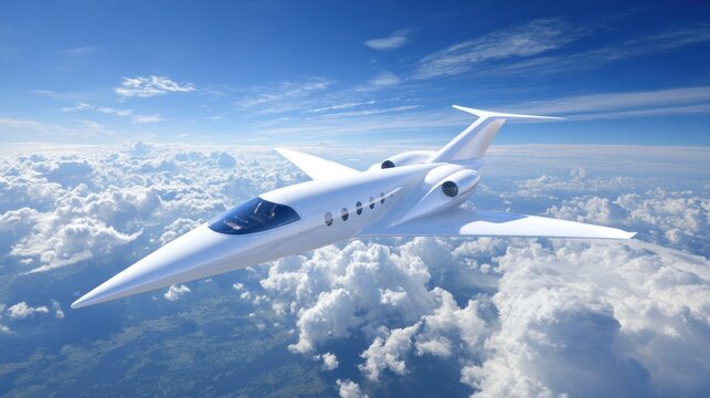 A sleek, white jet plane flying above a vast expanse of clouds in a clear, blue sky. - Powered by Adobe