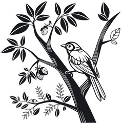A charming bird perched on a branch amidst lush leaves and ripe strawberries
