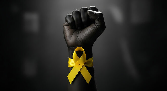 A black fist raised in solidarity with a yellow ribbon tied around the wrist