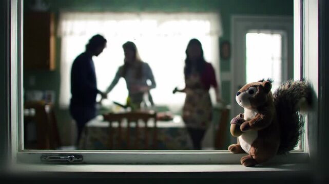cinematic retro interior showing silhouettes in the kitchen with a tiny plush squirrel on the sill, soft halo lighting and delicate grain for vintage holiday storytelling