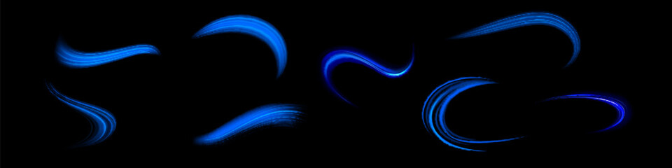 Blue glowing shiny lines effect vector background. Luminous white lines of speed. Light glowing effect. Light trail wave, fire path trace line and incandescence curve twirl.