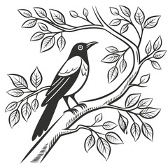 A magpie perched on a branch with leaves, creating a striking contrast and detailed illustration