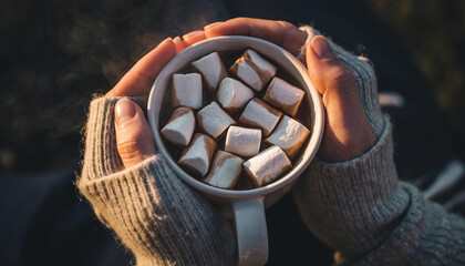 A warm, cozy close-up shot of hands wearing knitted mittens holding a mug filled with steaming hot cocoa and topped with marshmallows. The image, featuring soft, diffused light, evokes feelings of war