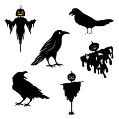 “Halloween scarecrow illustration with spooky hat, stitched face, straw body, and eerie autumn pumpkin field background.”