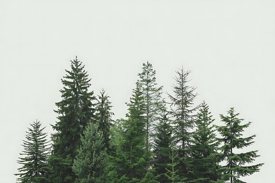 A dense cluster of various evergreen trees against a bright white sky forest nature - Powered by Adobe