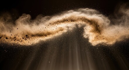 A dust cloud against a black background. The concept of dust is a cloud of particles. The dust cloud is dynamic and swirling.