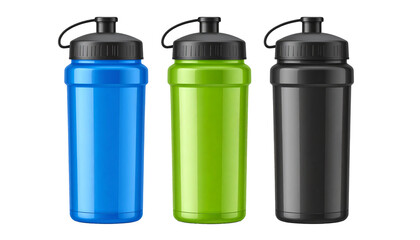 Obraz premium Protein Shaker Bottles in Three Colors, Isolated on Transparent Background