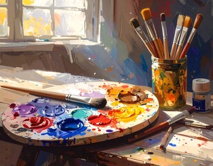 Fototapeta premium Still life of colorful paint palette, brushes, and sunlight