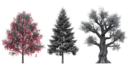 Fototapeta premium Three distinct trees rendered in a monochromatic style with one tree featuring vibrant red foliage against a dark background