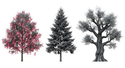 Three distinct trees rendered in a monochromatic style with one tree featuring vibrant red foliage against a dark background