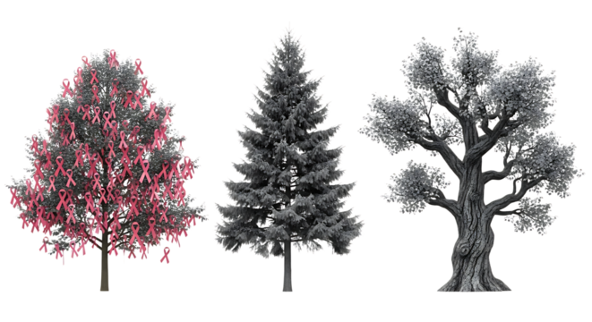 Three distinct trees rendered in a monochromatic style with one tree featuring vibrant red foliage against a dark background