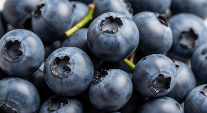 Close up macro view of plump ripe blueberries with a vibrant blue hue and subtle green stems