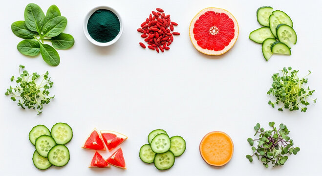 A vibrant assortment of fresh, healthy ingredients including fruits, vegetables, and superfoods arranged on a white background, promoting wellness and nutrition.