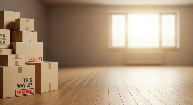 A stack of cardboard boxes in an empty room with sunlight streaming through the window.