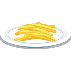 Golden yellow french fries seasoned with black pepper arranged on a white round plate with a gray border against a clean transparent background