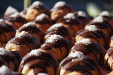 Delicious chocolate pastries topped with salt at a market