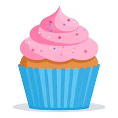 A cute cartoon cupcake with pink frosting, colorful sprinkles, and a striped blue wrapper.