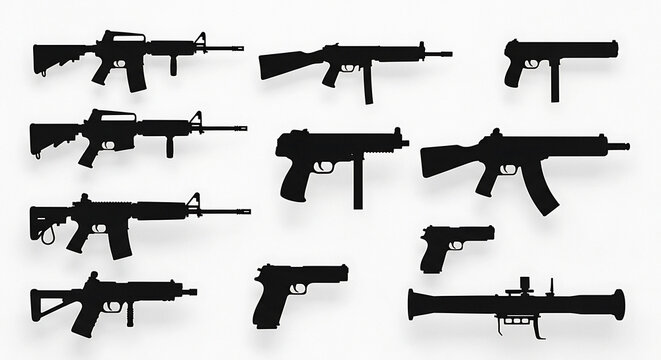 A collection of various black silhouette firearms including rifles pistols and a rocket launcher
