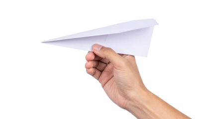 Hand holding a White Paper Airplan, Isolated on Transparent Background